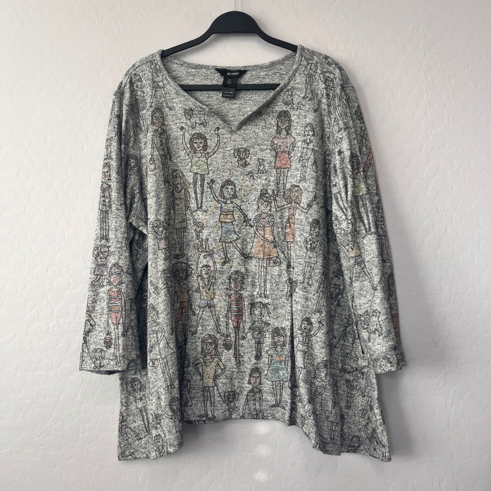 Ali Miles Women's 2X Gray Long Sleeve Graphic Tunic Top